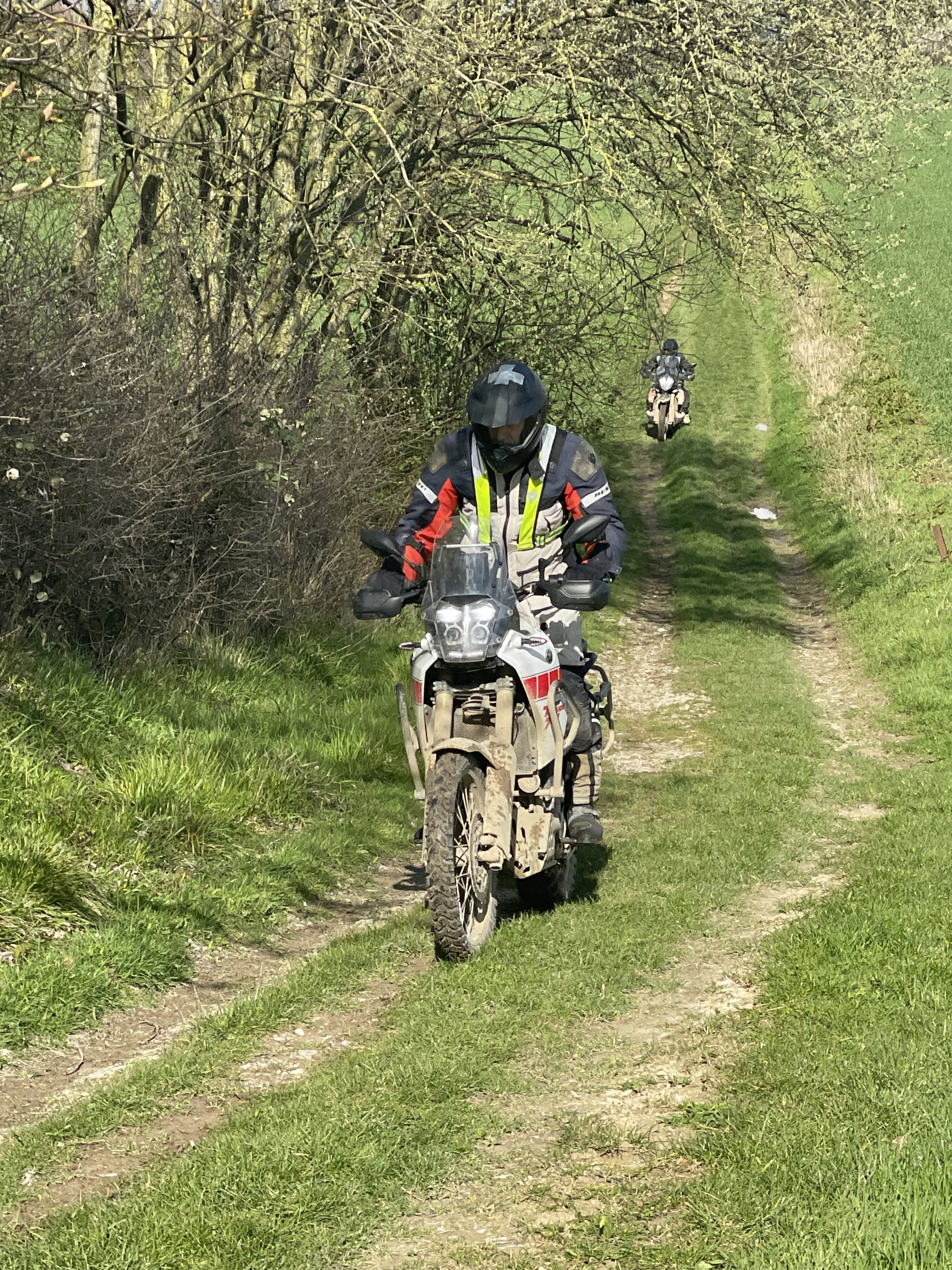 Rider op een groen veldpad